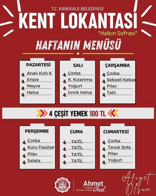 Kırıkkale Kent Lokantası’nda Haftanın Menüsü Belli Oldu: 4 Çeşit Yemek 100 TL