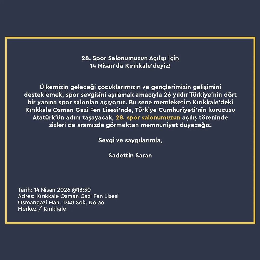 Sadettin Saran Kırıkkale’de 28. Spor Salonunu Açıyor
