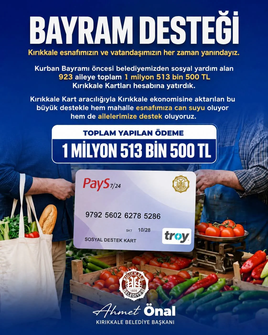 Kırıkkale Belediyesi’nden Bayram Öncesi Dev Destek: 923 Ailenin Hesabına Yatırıldı
