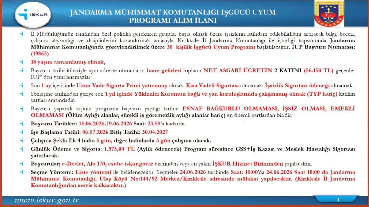 Kırıkkale İŞKUR Duyurdu: İl Jandarma ve Jandarma Mühimmat Komutanlıklarına İUP ile Personel Alımı Başlıyor (Şartlar ve Tarihler)