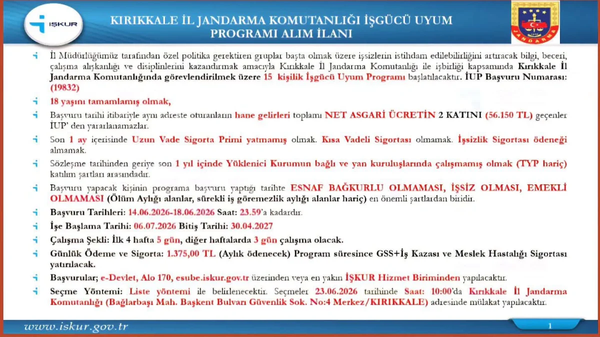 Kırıkkale İŞKUR Duyurdu: İl Jandarma ve Jandarma Mühimmat Komutanlıklarına İUP ile Personel Alımı Başlıyor (Şartlar ve Tarihler)