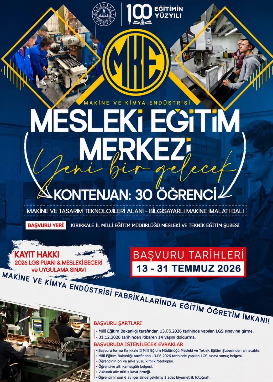 Kırıkkale’de MKE ve MEB İş Birliği: 2026-2027 Eğitim Öğretim Dönemi Mesleki Eğitim İçin Başvurular Başlıyor