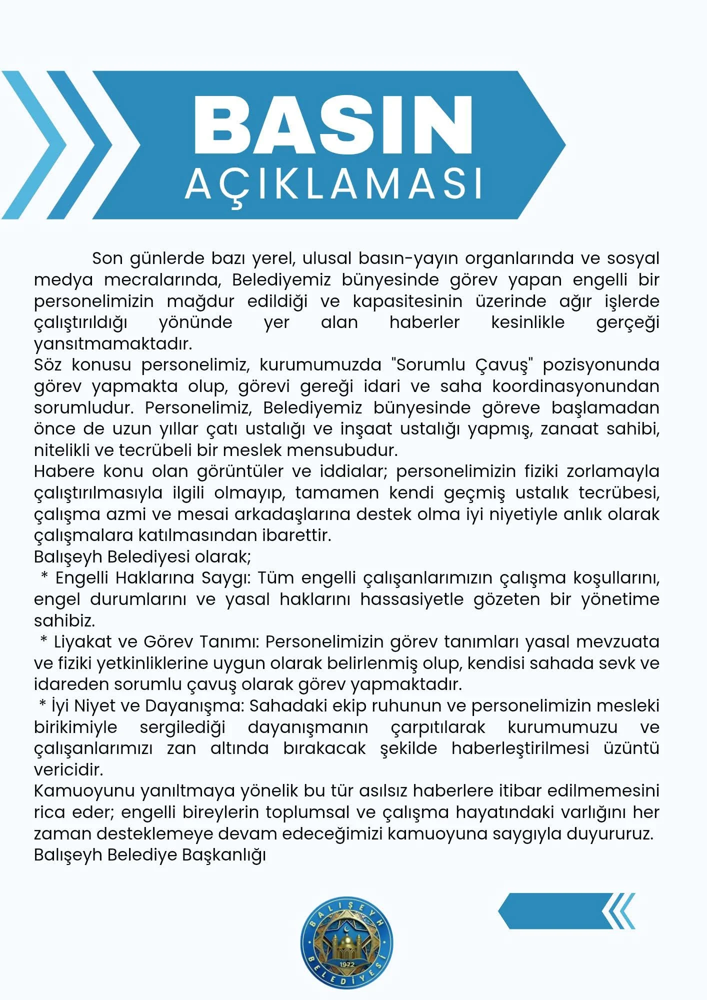 Balışeyh Belediyesi’nden Engelli Personel Açıklaması: “Haberler Gerçeği Yansıtmamaktadır, Sorumlu Çavuş Pozisyonunda”