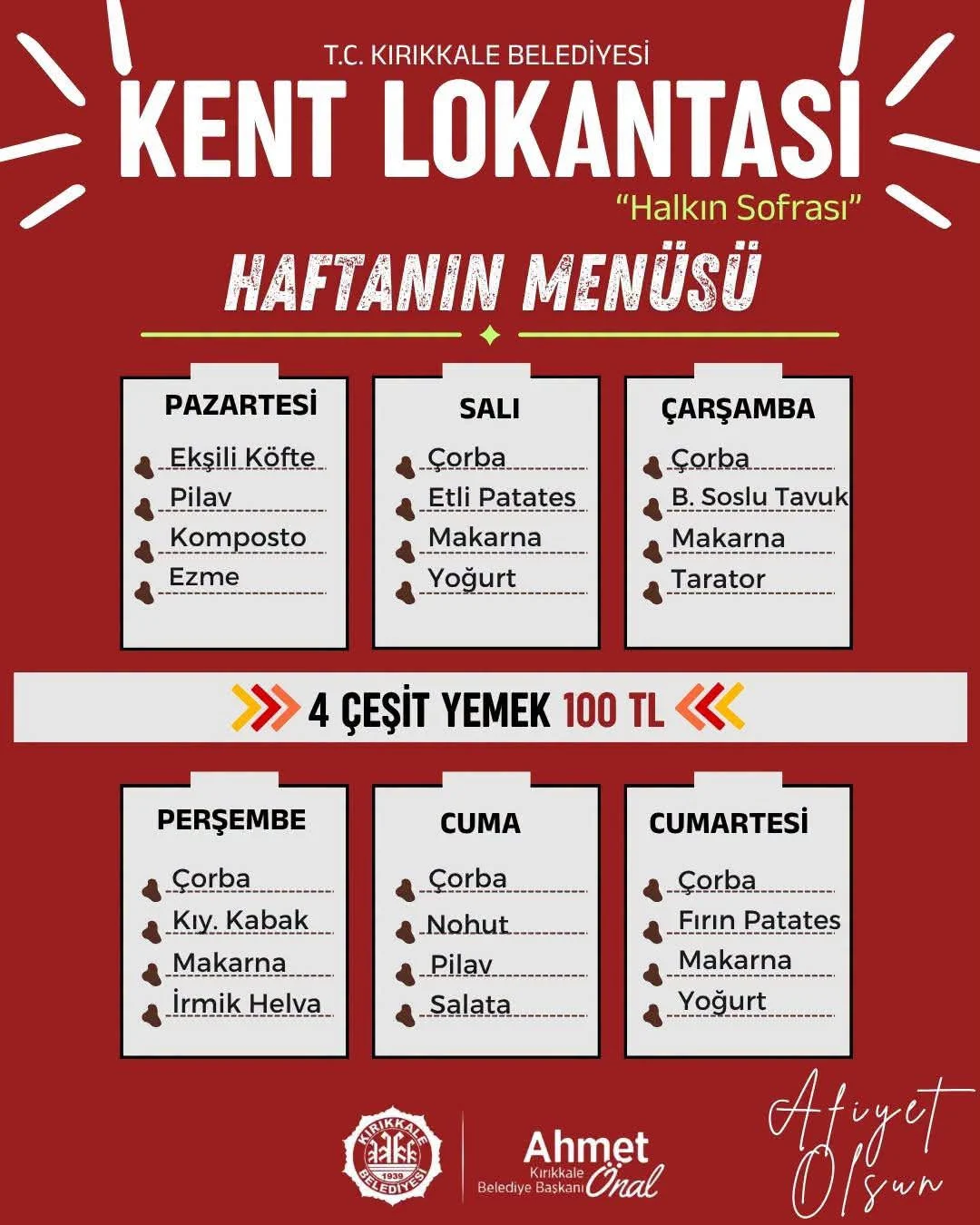 Kırıkkale Kent Lokantası’nda Yeni Haftanın 100 TL’lik Menüsü Belli Oldu