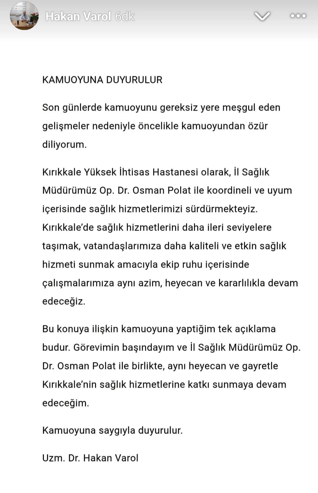 Kırıkkale Yüksek İhtisas Hastanesi Başhekimi Hakan Varol’dan “Görevimin Başındayım” Açıklaması