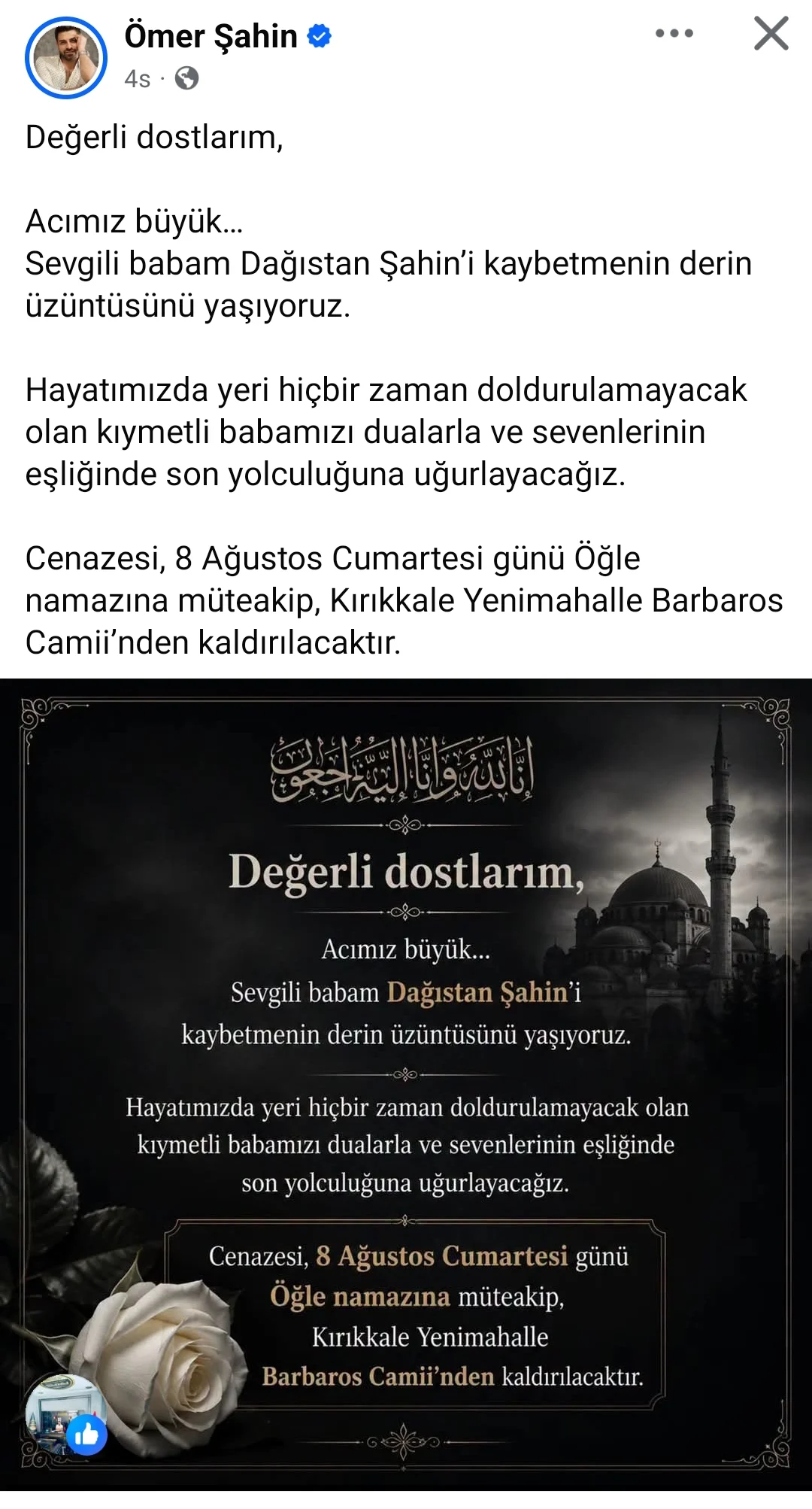Kırıkkaleli Sanatçı Ömer Şahin’in Acı Günü: Babası Dağıstan Şahin Vefat Etti