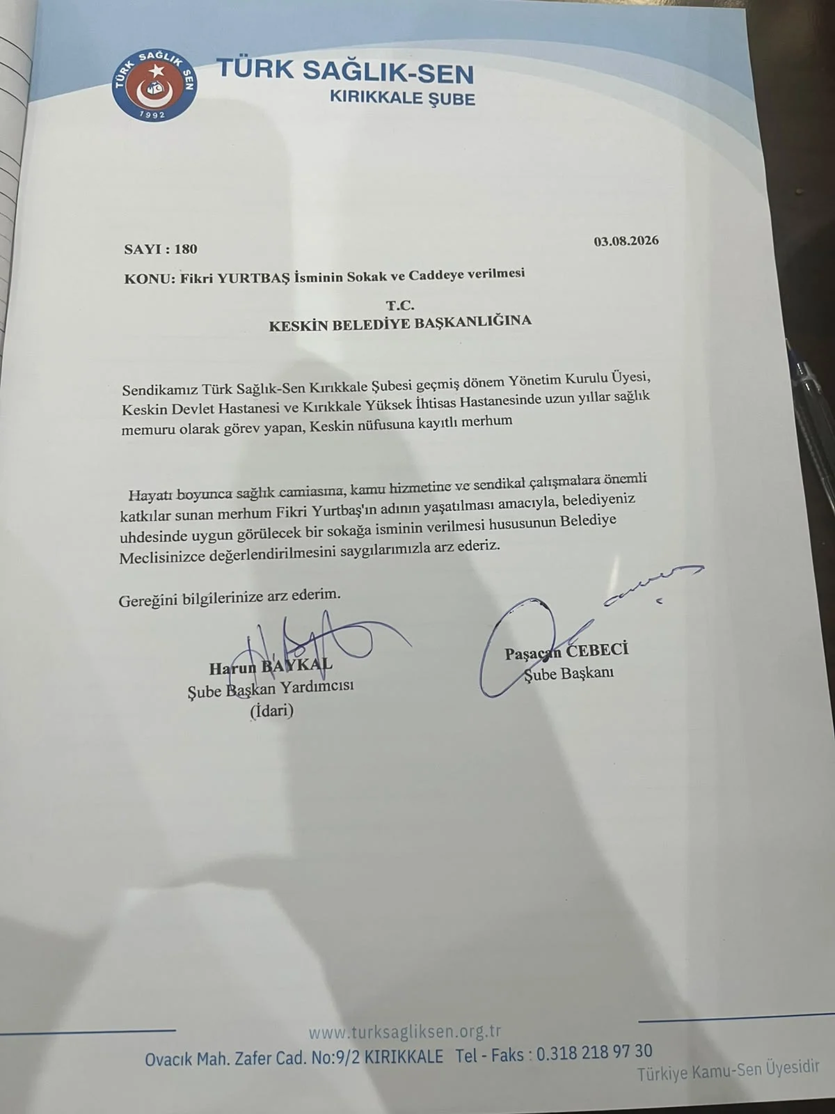 Türk Sağlık-Sen Kırıkkale Şubesi’nden Örnek Vefa: Fikri Yurtbaş’ın Adı Keskin’de Yaşayacak