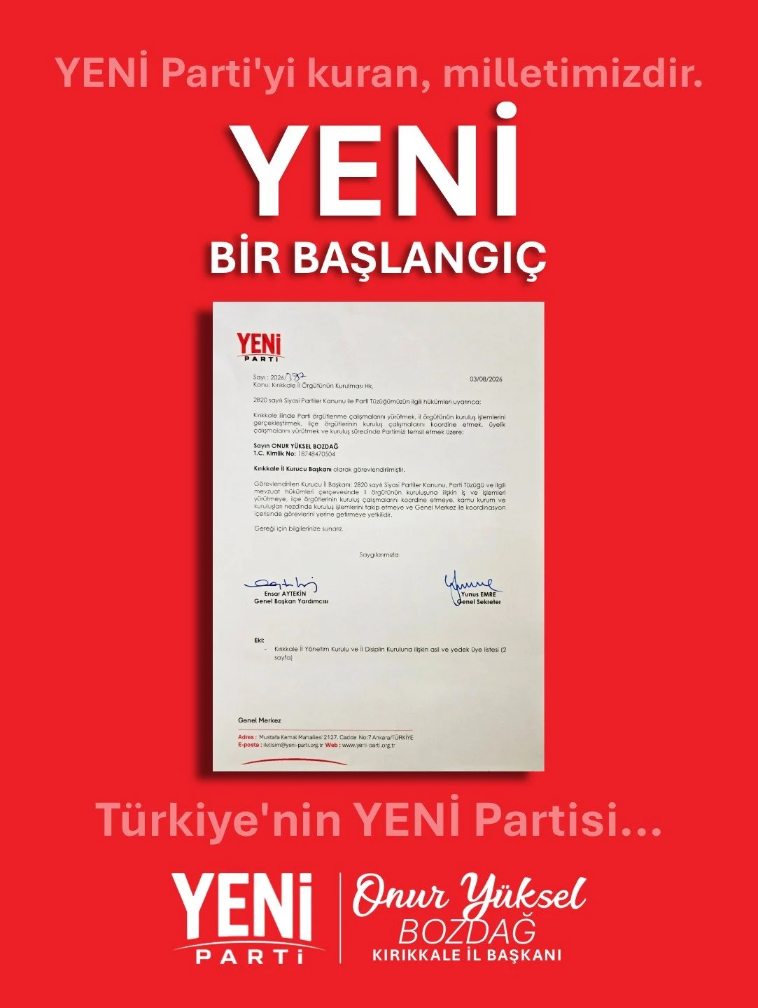Yeni Parti’nin Kırıkkale’de Kurucu Kadrosu Belli Oldu; Kırıkkale İl Başkanı Onur Yüksel Bozdağ Oldu