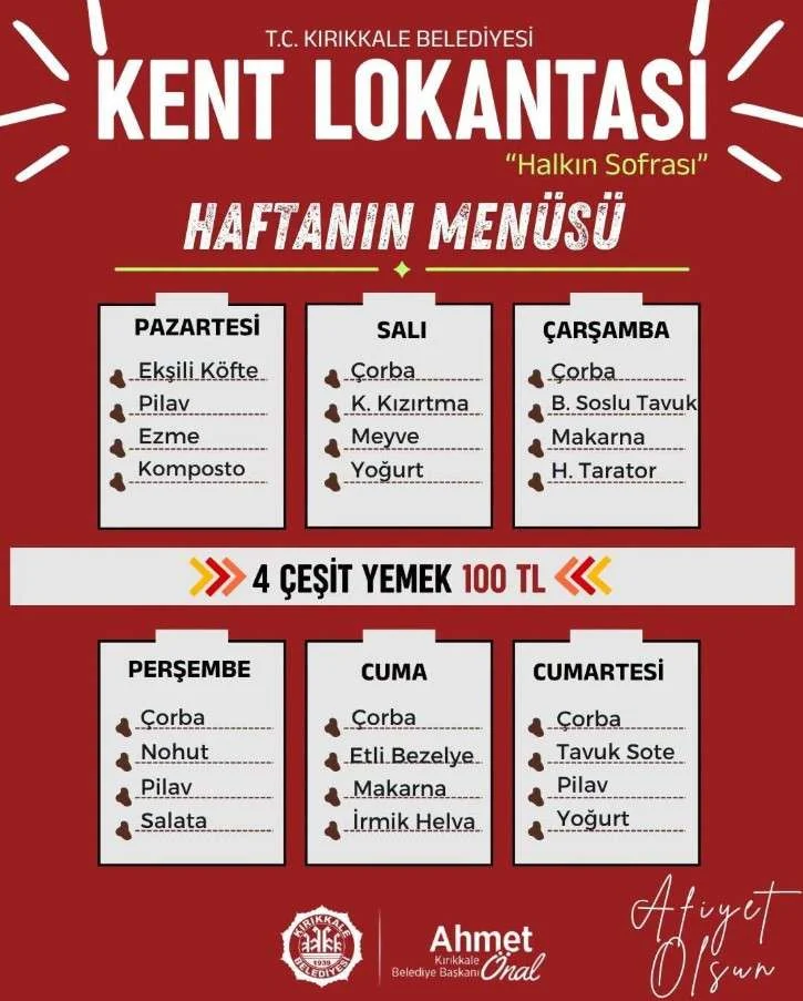 Kırıkkale Kent Lokantası’nda Yeni Haftanın 100 TL’lik Menüsü Açıklandı