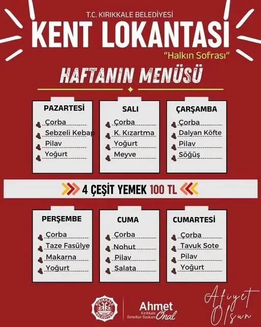 Kırıkkale Kent Lokantası’nın Yeni Hafta Menüsü Belli Oldu: 4 Çeşit Yemek 100 TL