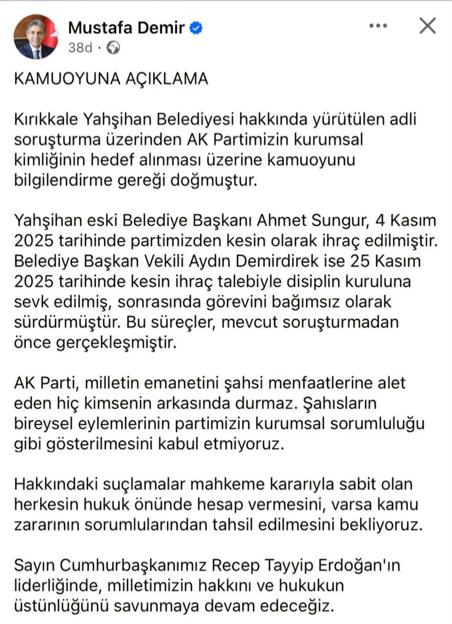 AK Parti’den Yahşihan Açıklaması: Kurumsal Kimliğimiz Hedef Alınamaz